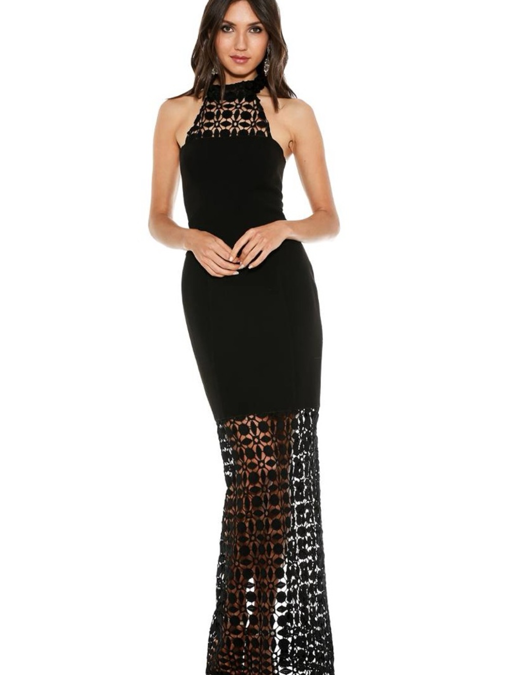 NICHOLAS Black Halter Crochet-Panel Maxi Dress